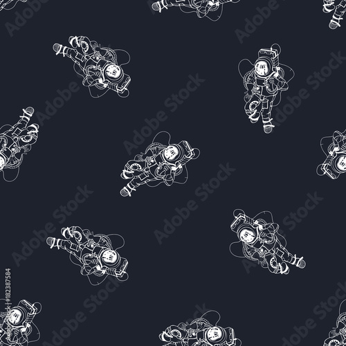Seamless pattern with cosmonaut hand drawn with white lines on black background. Backdrop with astronaut in outer space. Monochrome vector illustration for textile print, wallpaper, wrapping paper.