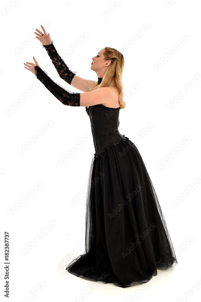 full length portrait of a blonde girl wearing black gothic gown. standing pose, isolated on white background. full length portrait of a blonde girl wearing black gothic gown. standing pose, isolated on white background.
