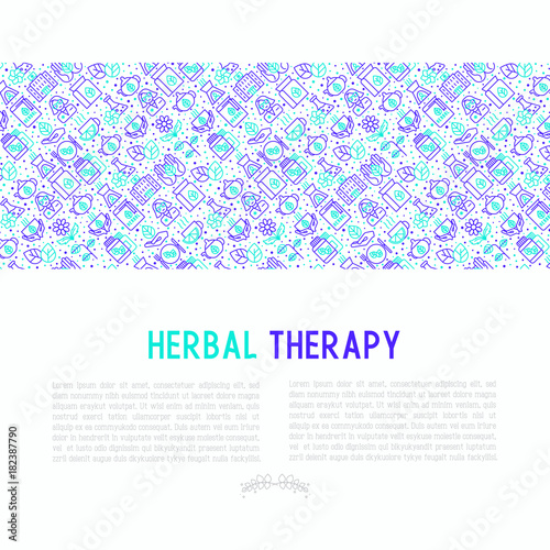 Herbal therapy concept with thin line icons: herbalist, decoction, aromatic oil, oil burner, tea. Vector illustration for banner, web page, print media.