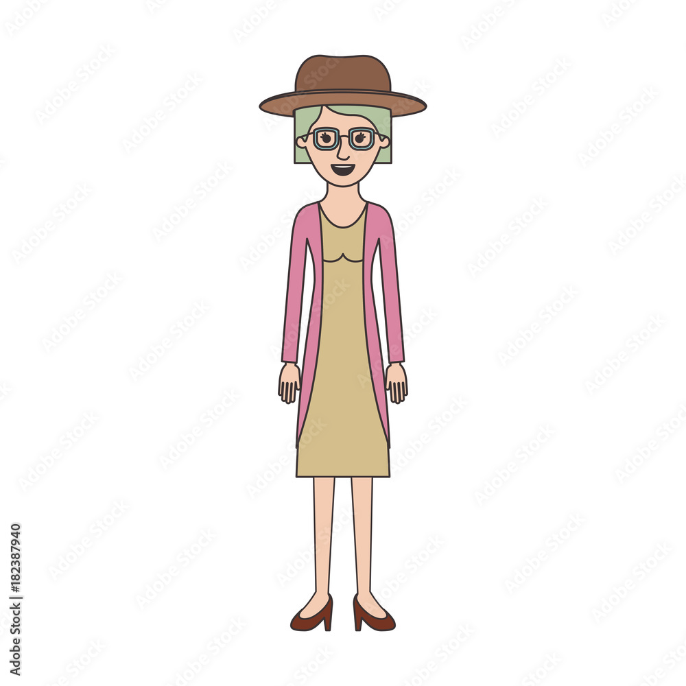 woman with hat and glasses and blouse with jacket and skirt and heel shoes with short hair in colorful silhouette vector illustration woman with hat and glasses and blouse with jacket and skirt and heel shoes with short hair in colorful silhouette vector illustration