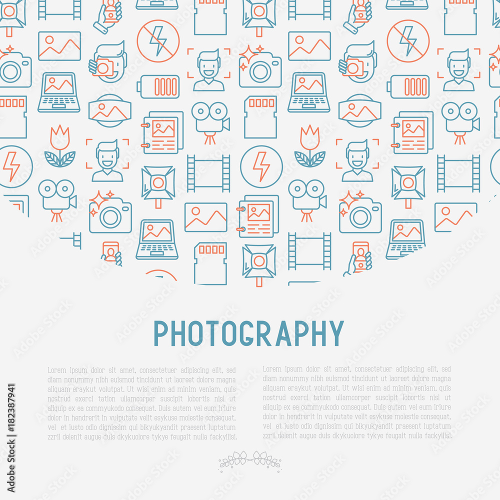 Photography concept with thin line icons of photographer, film, crop, flash, focus, light, panorama. Vector illustration for banner, web page, print media.