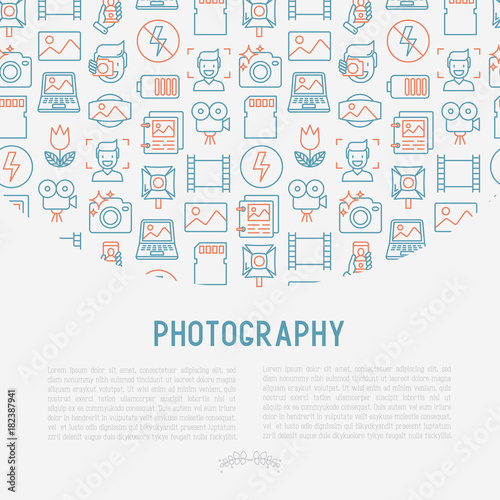 Photography concept with thin line icons of photographer, film, crop, flash, focus, light, panorama. Vector illustration for banner, web page, print media.