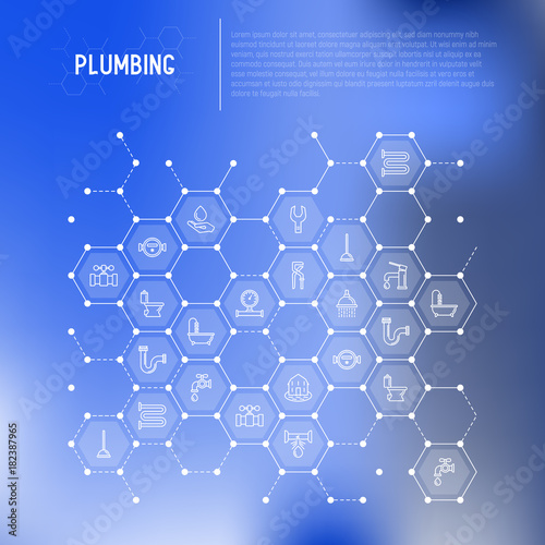 Plumbing concept in honeycombs with thin line icons of bathtub, shower, pipe, wrench, drop, leakage, meter, plunger. Modern vector illustration for banner, web page, print media.