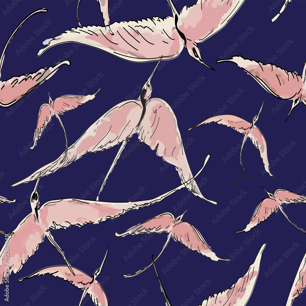Fototapeta premium Flying flock of flamingo in the sky. Watercolor seamless pattern. Hand drawn vector illustration.
