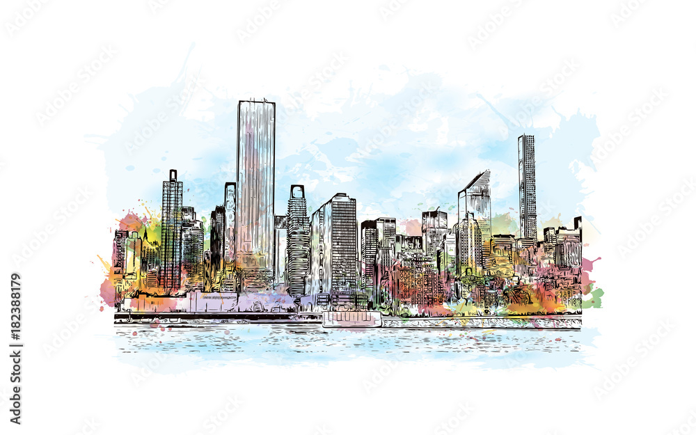 Watercolor splash with hand drawn sketch of New York City skyline front ...