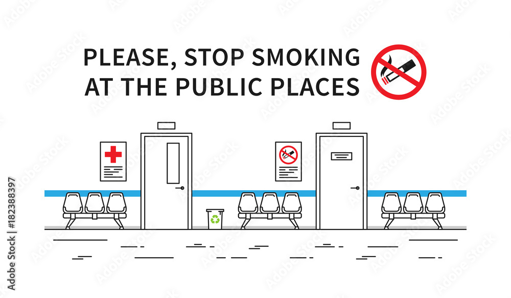 Obraz premium Hospital hall no smoking vector illustration. Stop smoking sign at the public place line art concept.