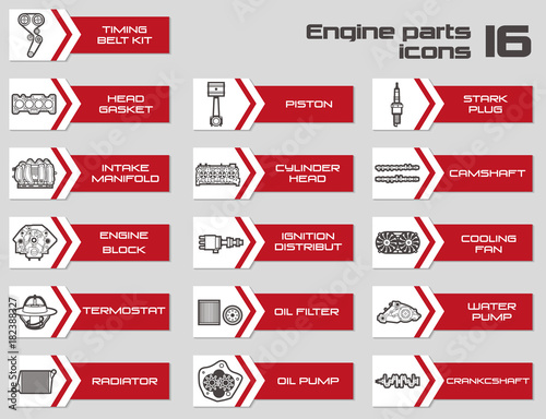 Set of 16 engine parts icons