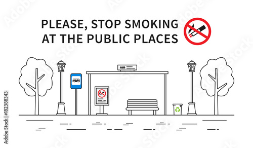 Bus stop no smoking vector illustration. Stop smoking sign at the public place line art concept.