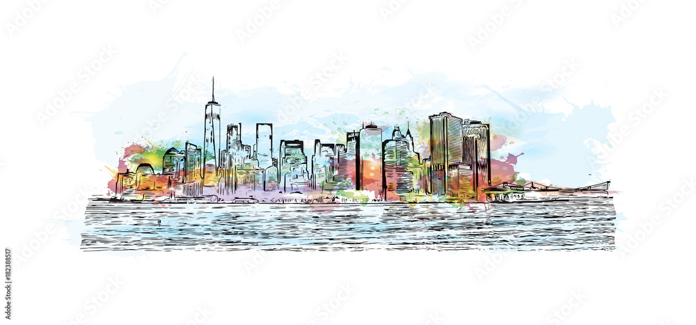 Watercolor splash with hand drawn sketch of New York City skyline front ...