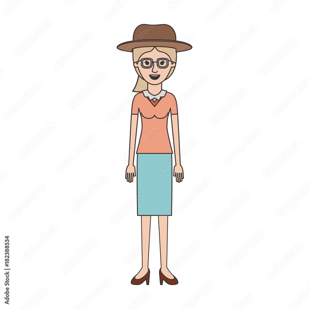 woman with hat and glasses and blouse with skirt and heel shoes with ponytail hair in colorful silhouette vector illustration woman with hat and glasses and blouse with skirt and heel shoes with ponytail hair in colorful silhouette vector illustration