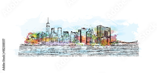 Watercolor splash with hand drawn sketch of New York City skyline front of sea water in vector illustration.