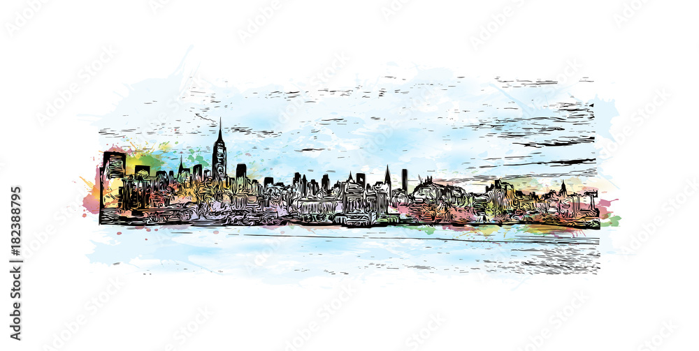 Watercolor splash with hand drawn sketch of New York City skyline front ...