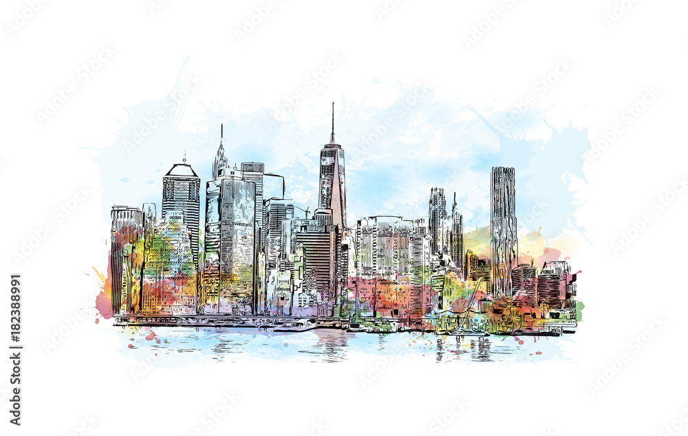 Watercolor splash with hand drawn sketch of New York City skyline front ...