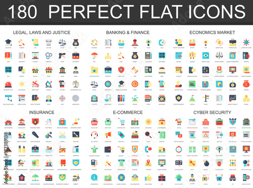 180 modern flat icon set of Legal law justice, banking finance, economics market, insurance, e commerce, cyber security icons.