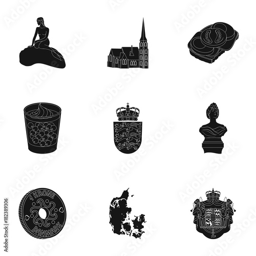 Kopeck, money, crown, and other web icon in black style.Attributes,country, Denmark icons in set collection.