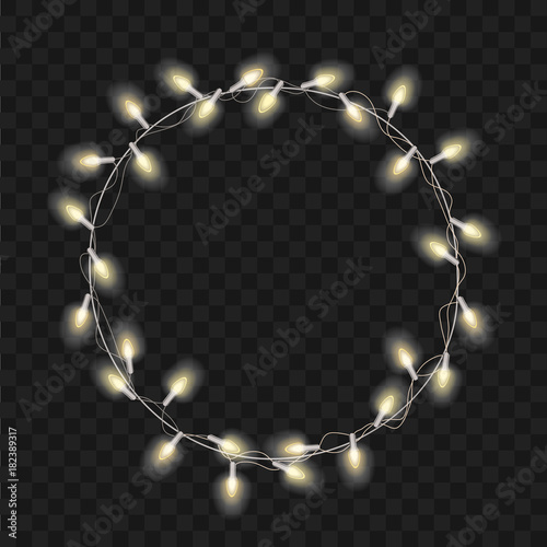 Christmas vector transperant background with bright realistic modern wreath garlands. Christmas soft glowing lights. Merry Christmas lettering label.