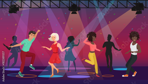 Vector Cartoon multi ethic people dancing in colorful spotlights at disco club. Night party.