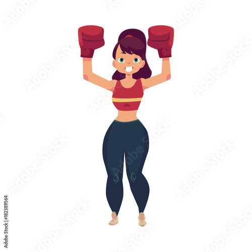vector cartoon muscular strong cute beautiful woman, girl standing with hands in red boxing gloves raised up smiling like winner. Isolated illustration on a white background.