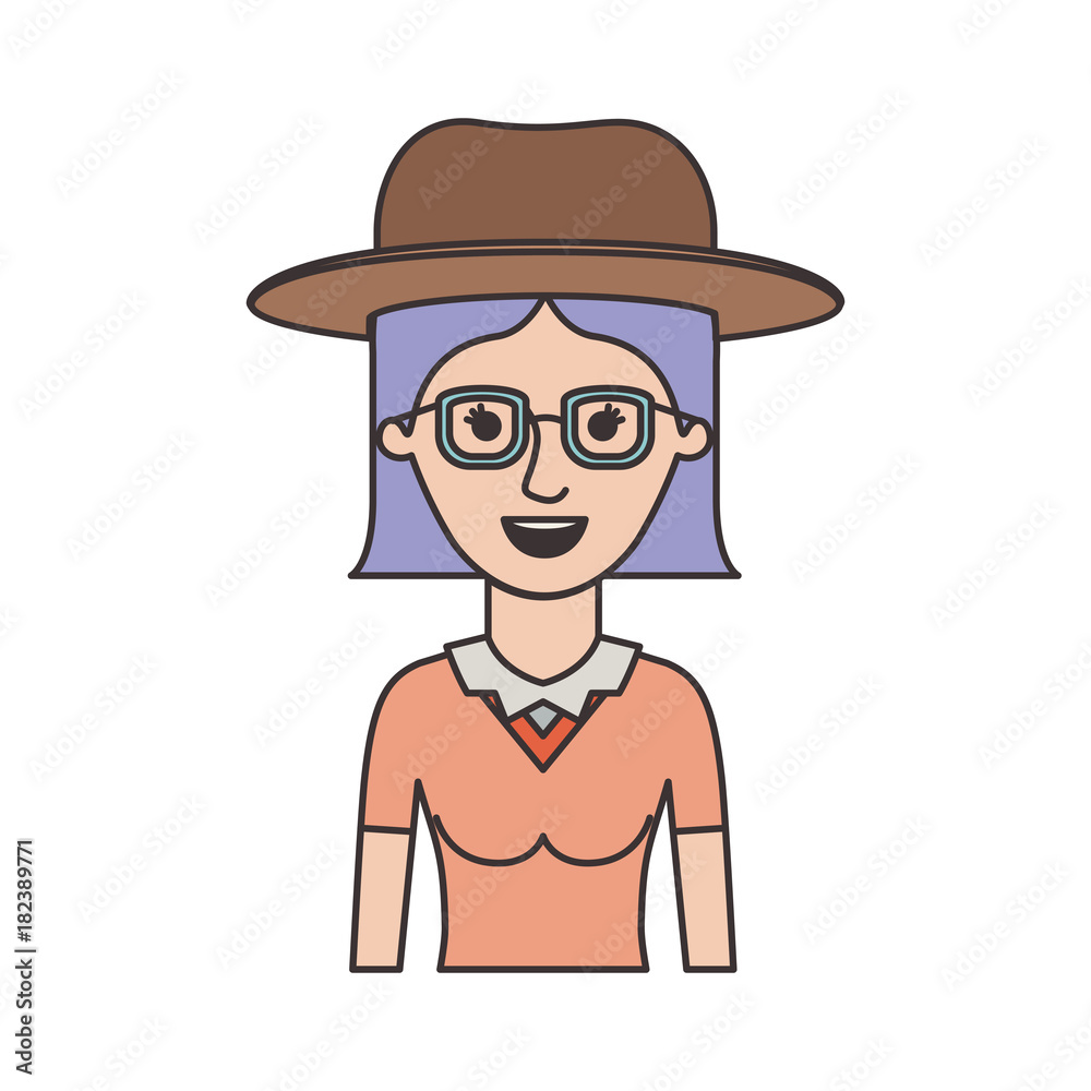 woman half body with hat and glasses and blouse with short straight hair in colorful silhouette vector illustration