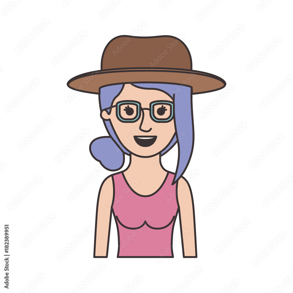 woman half body with hat and glasses and t-shirt sleeveless with collected hair and fringe in colorful silhouette vector illustration woman half body with hat and glasses and t-shirt sleeveless with collected hair and fringe in colorful silhouette vector illustration