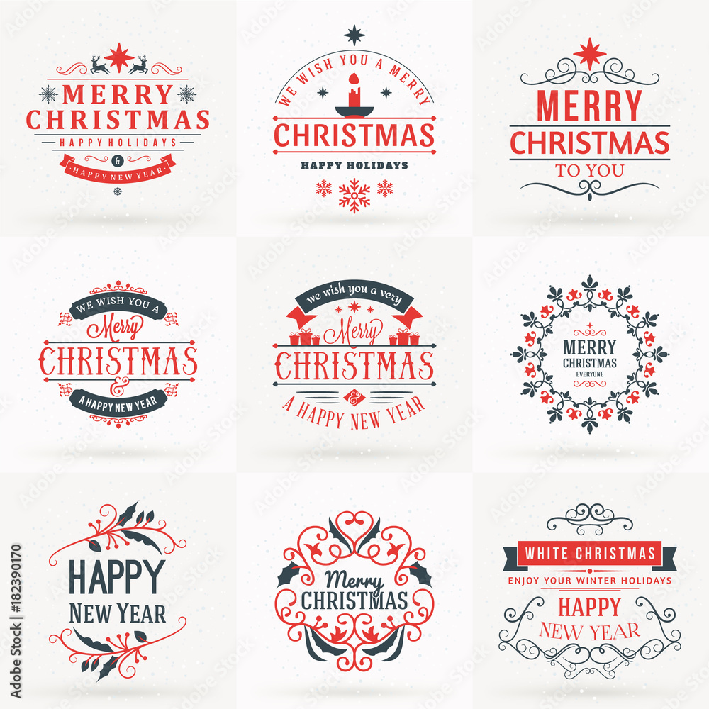 Set of Merry Christmas and Happy New Year Decorative Badges for Greetings Cards or Invitations. Vector Illustration in Red and Gray Colors