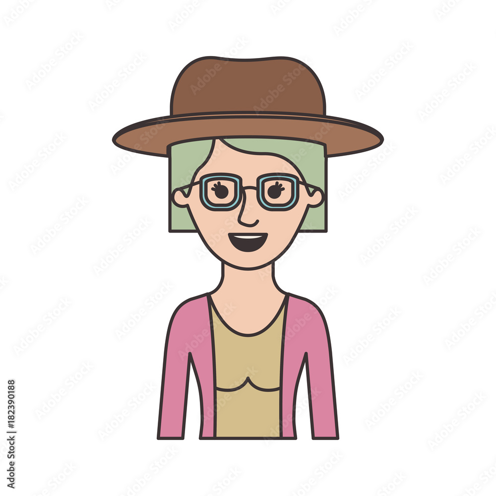 woman half body with hat and glasses and blouse with jacket and short hair in colorful silhouette vector illustration woman half body with hat and glasses and blouse with jacket and short hair in colorful silhouette vector illustration