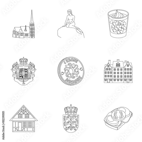 Kopeck, money, crown, and other web icon in outline style.Attributes,country, Denmark icons in set collection.