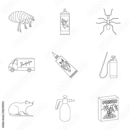 Pest, poison, personnel and various equipment outline icons in set collection for design. Pest control service vector symbol stock web illustration.
