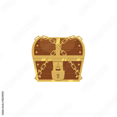 vector closed locked chained wooden treasure chest. Isolated illustration on a white background. Flat cartoon symbol of adventure, pirates, risk profit and wealth.