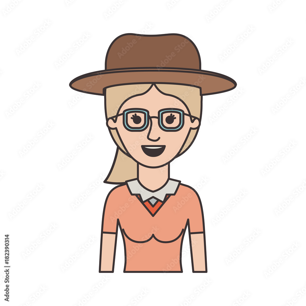 woman half body with hat and glasses with blouse and ponytail hair in colorful silhouette vector illustration