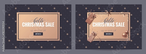 Hello christmas sale posters. Beautiful holiday background with snowflakes and decorations. Voucher discount. Vector illustration
