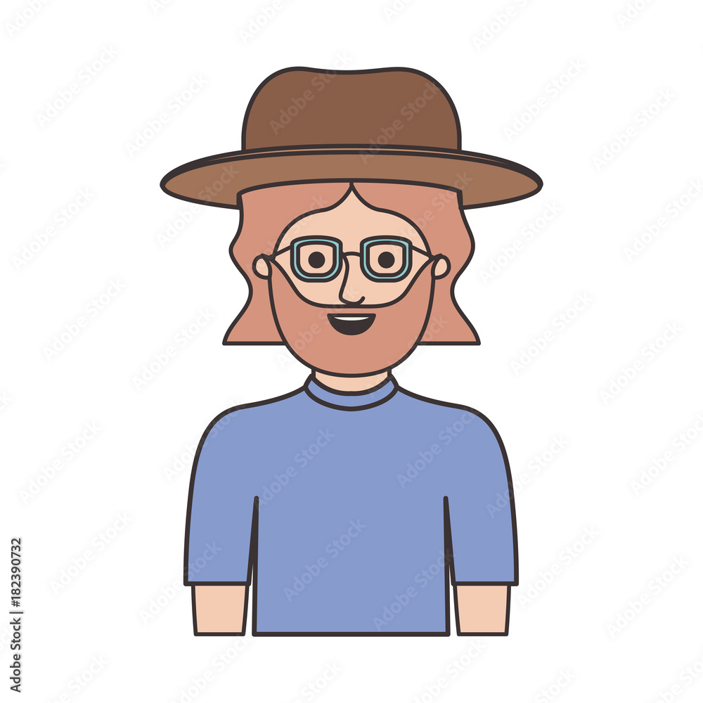 man half body with hat and glasses and t-shirt with mid length hair and beard on colorful silhouette vector illustration man half body with hat and glasses and t-shirt with mid length hair and beard on colorful silhouette vector illustration
