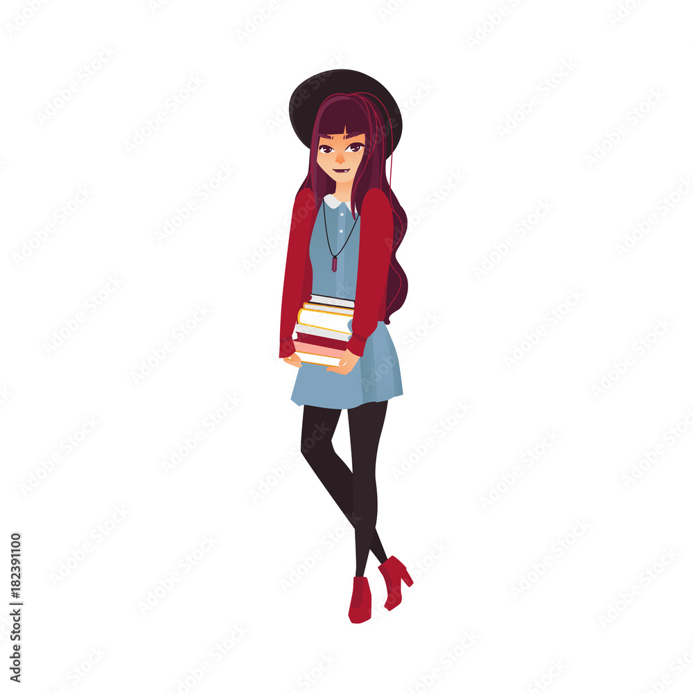 Glamorous student girl, fashion, beauty blogger with a pile of books, flat  cartoon vector illustration isolated on white background. Glamorous,  beautifully dressed college, university student girl Stock Vector | Adobe  Stock