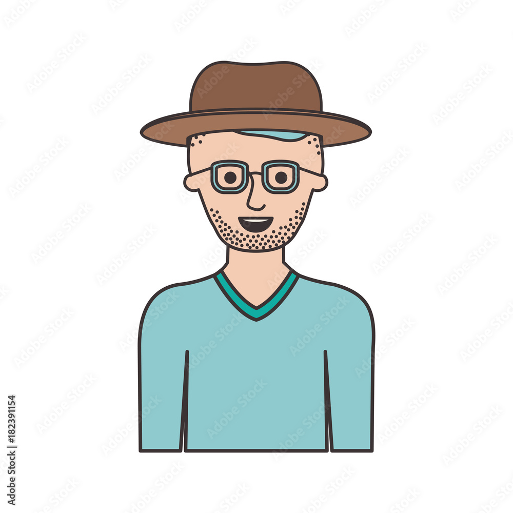 man half body with hat and glasses and sweater with short hair and stubble beard in colorful silhouette vector illustration
