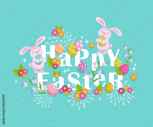 Happy Easter greeting card, postcard, banner design with lettering, cartoon bunnies, eggs, flowers, vector illustration. Happy Easter postcard, greeting card, banner template with bunny, eggs flower