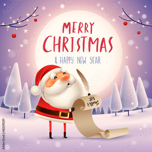 Merry Christmas! Santa Claus is holding a long checking list in the moonlight. Winter landscape.