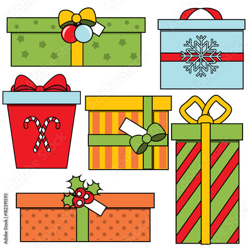Christmas and new Year gift boxes. Winter seasonal presents set. Colorful vector icons
