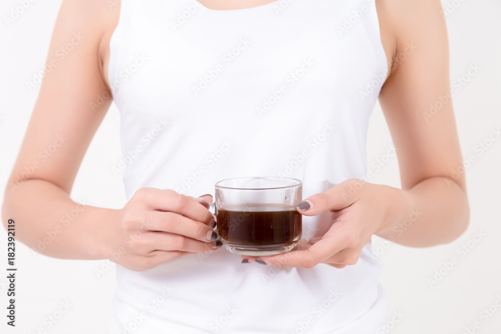 Beautiful young asia woman with a cup of coffee. Isolated on white background. Studio lighting. Concept for healthy. Beautiful young asia woman with a cup of coffee. Isolated on white background. Studio lighting. Concept for healthy.