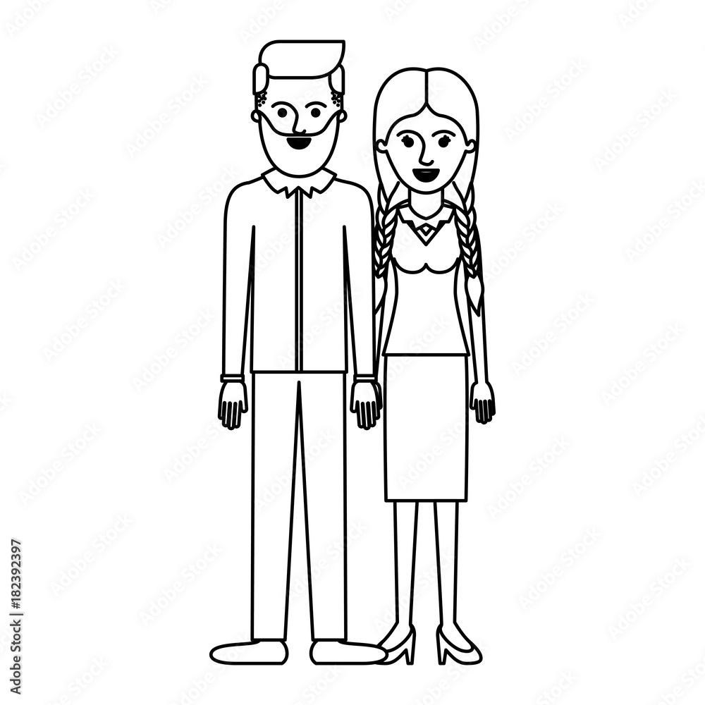 couple monochrome silhouette and him with beard and shirt and pants and shoes with side parted hairstyle and her with blouse and skirt and heel shoes with braided hair vector illustration