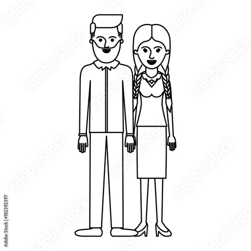 couple monochrome silhouette and him with beard and shirt and pants and shoes with side parted hairstyle and her with blouse and skirt and heel shoes with braided hair vector illustration