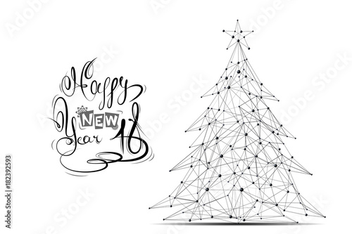 Abstract mash line and point Christmas tree on white background with an inscription. Starry sky or space, consisting of stars and the universe. Vector happy new year illustration