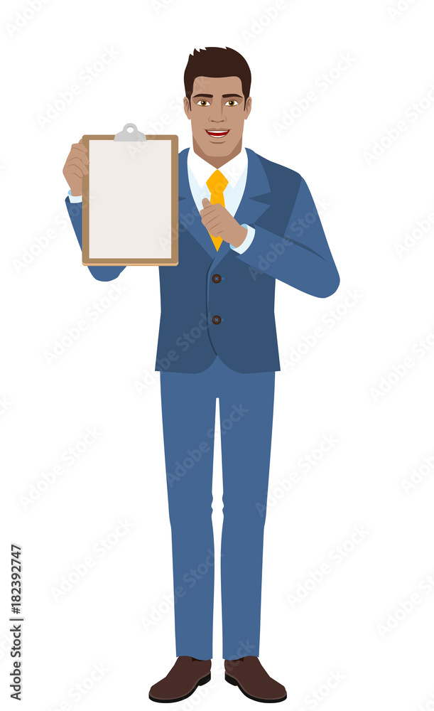 Self-promotion. Businessman holding the clipboard and pointing at himself