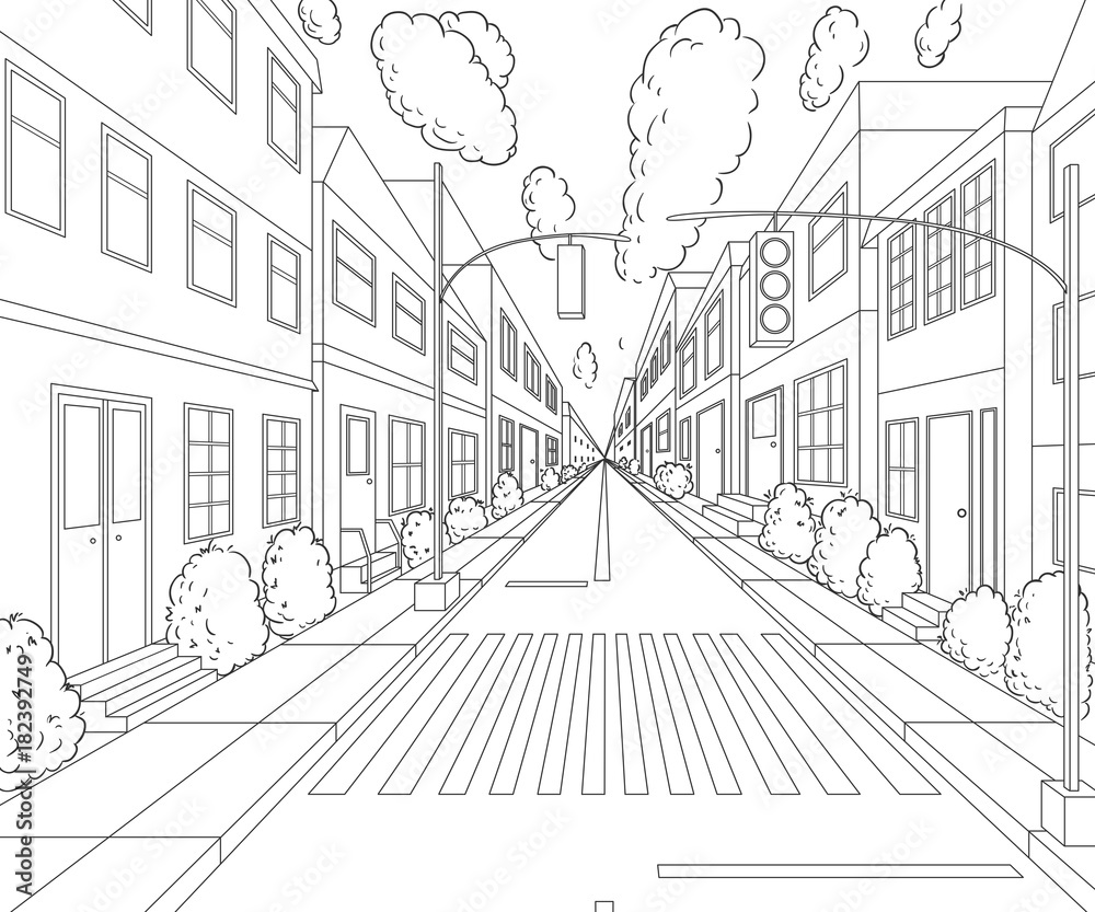 City street with buildings, traffic light, crosswalk and traffic sign. Сityscape background in sketch style. Vector illustration City street with buildings, traffic light, crosswalk and traffic sign. Сityscape background in sketch style. Vector illustration
