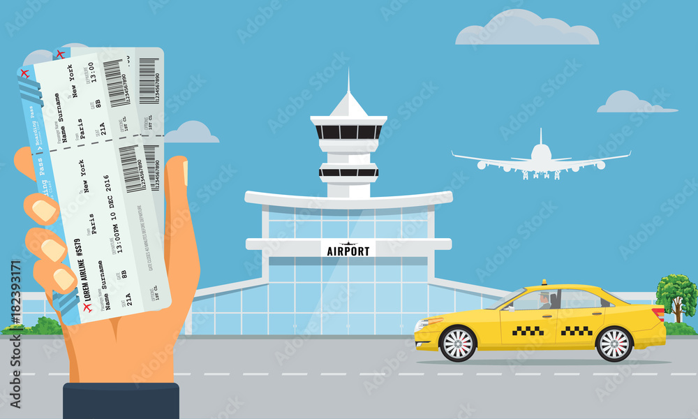 Airport terminal building and yellow taxi. Hand holding two air tickets. Urban background flat and solid color design.