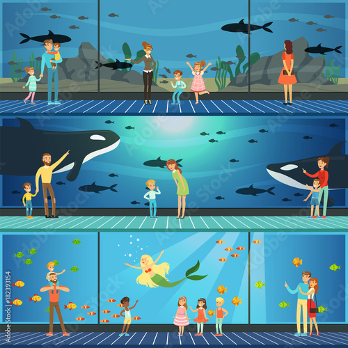 People visiting an oceanarium set of vector Illustrations, parents with children watching underwater scenery with sea animals