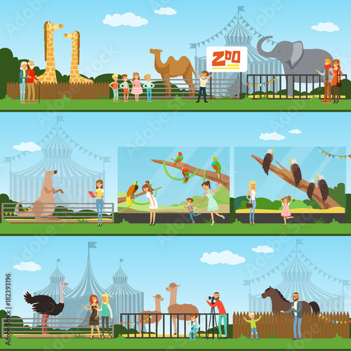 People visiting an zoo set of vector Illustrations, parents with children watching wild animals