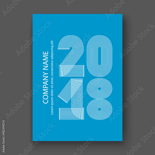 Cover Annual Report numbers 2018, modern design white on blue background vertical, year 2018 in thin lines striped minimalist, numbers written with a pen, vector illustration