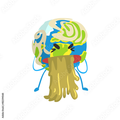 Vomiting cartoon Earth planet character, funny globe emoji vector Illustration