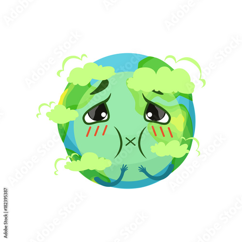 Earth planet character suffocating from carbon dioxide  atmospheric pollution vector Illustration
