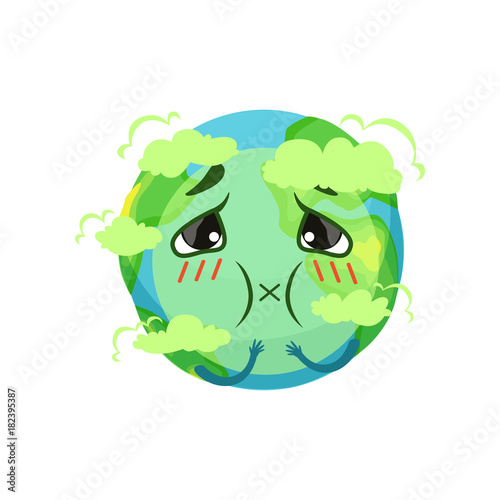 Earth planet character suffocating from carbon dioxide, atmospheric pollution vector Illustration